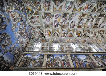 Stock Image - Frescos in the Sistine Chapel, Rome, Italy, low angle view . Fotosearch