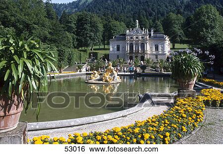 Stock Photograph - Garden in palace, Linderhof Palace, Oberammergau, Bavaria, Germany . Fotosearch