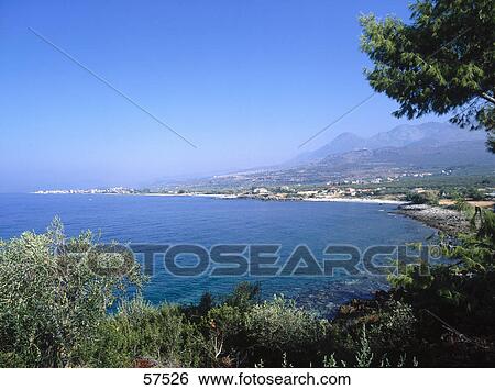 Stock Photograph - High angle view of a coastline, Peloponnesus, Greece . Fotosearch