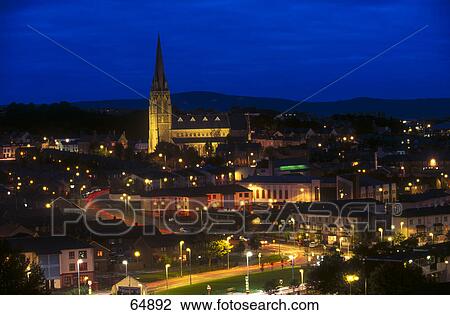 High angle view of city lit up at night, St Eugene's Cathedral, Londonderry, Republic Of Ireland View Large Photo Image Stock Image - High angle view of city lit up at night, St Eugene's Cathedral, Londonderry, Republic Of Ireland . Fotosearch