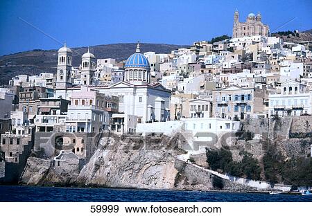 Stock Photo - High angle view of cityscape, Syros, Greece, Europe . Fotosearch