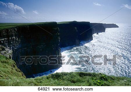 Stock Image - High angle view of coastline, Cliffs Of Moher, Burren, County Clare, Republic Of Ireland . Fotosearch
