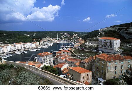 Stock Photography - High angle view of houses in town, Bonifacio, South Corsica, France . Fotosearch