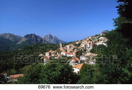 High angle view of houses on hill, Evisa, Corsica, France View Large Photo Image Stock Photograph - High angle view of houses on hill, Evisa, Corsica, France . Fotosearch
