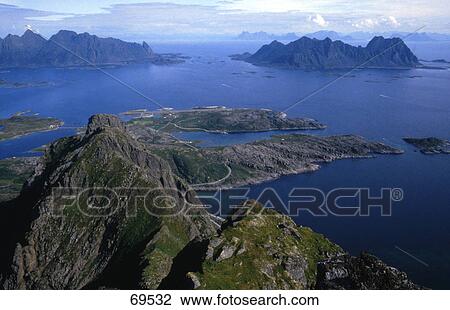 Stock Image - High angle view of mountains and sea, Lofoten, Norway . Fotosearch