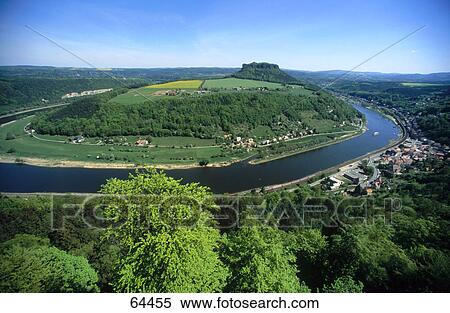 Stock Photography - High angle view of river passing through forest, Koenigsstein, Saxony, Germany . Fotosearch