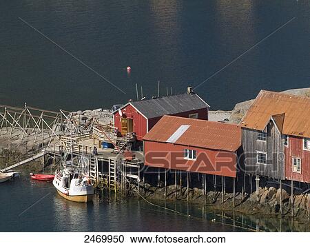 High angle view of stilt houses, Sorvagen, Moskenesoya, Lofoten, Nordland County, Norway View Large Photo Image Stock Image - High angle view of stilt houses, Sorvagen, Moskenesoya, Lofoten, Nordland County, Norway . Fotosearch