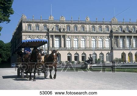 Stock Photograph - Horsedrawn carriage in front of castle, Herrenchiemsee Castle, Herreninsel, Bavaria, Germany . Fotosearch
