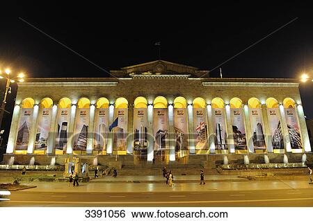 Stock Photograph - Illuminated Parliament at night, Tbilisi, Georgia . Fotosearch