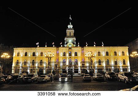 Illuminated townhall at night, Tbilisi, Georgia View Large Photo Image Stock Photo - Illuminated townhall at night, Tbilisi, Georgia . Fotosearch