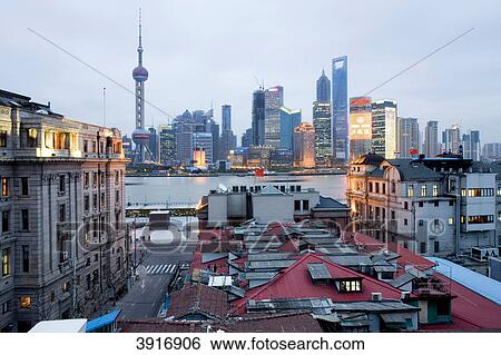 Stock Photograph - Jin Mao Tower, SWFC and Oriental Pearl Tower, Pudong, Shanghai, China, Asia . Fotosearch