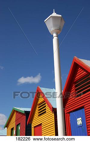 Stock Photograph - Low angle view of beach huts, St. James, Cape Town, South Africa . Fotosearch