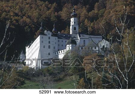 Stock Image - Low angle view of monastery, Marienberg Abbey, Burgeis, Vinschgau, Alto Adige, Italy . Fotosearch