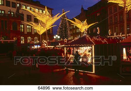Stock Photograph - Market lit up at night, Wiesbaden, Hesse, Germany . Fotosearch