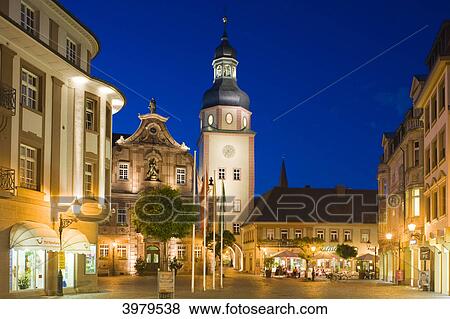 Stock Photo - Market square with town hall and town hall tower, Ettlingen, Baden-Wuerttemberg, Germany, Europe . Fotosearch