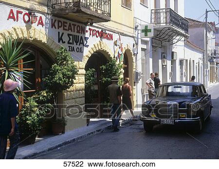 Stock Image - Mercedes-Benz in front of restaurant, Peloponnesus, Greece . Fotosearch