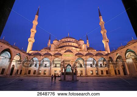 Stock Photograph - Mosque lit up at dusk, Sultan Ahmed Mosque, Istanbul, Turkey . Fotosearch
