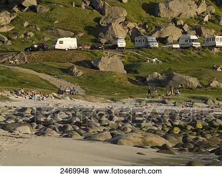 Stock Photo - Motor homes on beach, Utakleiv, Lofoten, Nordland County, Norway . Fotosearch