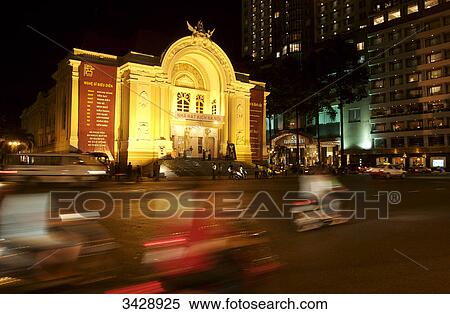 Municipal theatre at night, street in the foreground, Ho Chi Minh City, Vietnam View Large Photo Image Stock Photography - Municipal theatre at night, street in the foreground, Ho Chi Minh City, Vietnam . Fotosearch