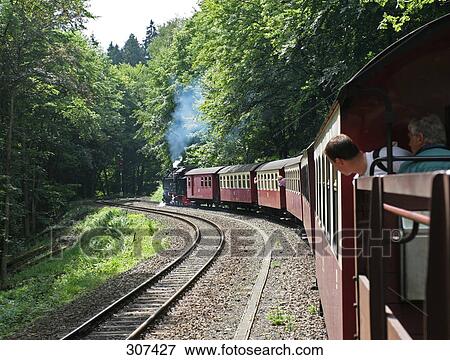 Stock Photo - Narrow gauge train moving through forest . Fotosearch