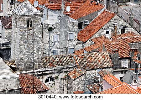 Stock Image - Over the rooftops of the old quarter of Split, Croatia, aerial perspective . Fotosearch
