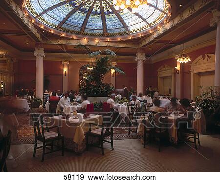 Stock Photo - People inside restaurant, foyer, Empress Hotel, Victoria, Vancouver Iceland, British Columbia, Canada . Fotosearch