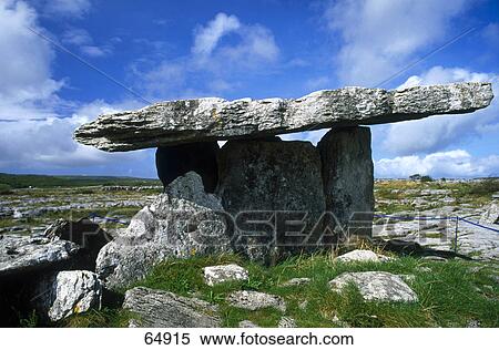Stock Photography - Portal tomb on landscape, Poulnabrone Dolmen, Burren, County Clare, Republic Of Ireland . Fotosearch