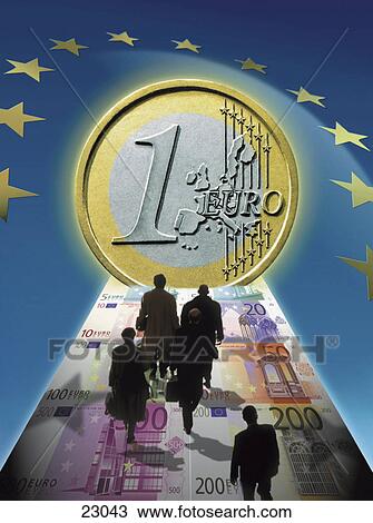 Stock Image - Rear view of businesspeople walking towards euro coin . Fotosearch