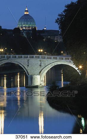 Stock Image - Reflection of church and bridge in water, Ponte Sisto, Saint Peter's Church, Rome, Italy . Fotosearch