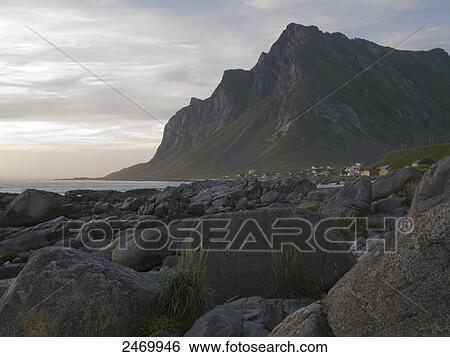 Stock Photograph - Rocks on coast, Vikten, Flakstad, Lofoten, Nordland County, Norway . Fotosearch