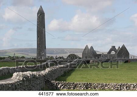 Stock Photo - Ruins of monastery, Kilmacduagh Monastery, County Galway, Republic of Ireland . Fotosearch