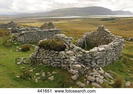 Stock Image - Ruins on rural landscape, Achill Island, County Mayo, Republic of Ireland . Fotosearch