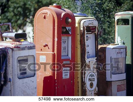 Stock Photo - Side profile of fuel pumps in row, New Mexico, USA . Fotosearch