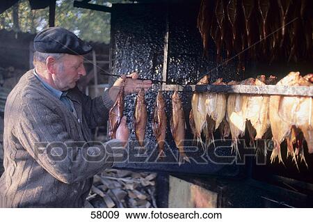 Stock Photo - Side view of a senior man smoking fish outdoors, Bavaria, Germany Europe . Fotosearch