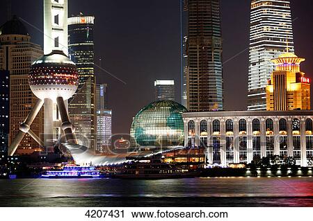 Stock Image - Skyline with Oriental Pearl Tower and Huangpu River, Lujiazu, Pudong, Shanghai, China, Asia . Fotosearch