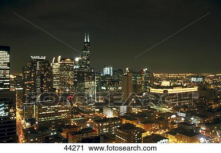 Skyscrapers in city lit up at night, Sears Tower, Chicago, Illinois, USA View Large Photo Image Stock Image - Skyscrapers in city lit up at night, Sears Tower, Chicago, Illinois, USA . Fotosearch