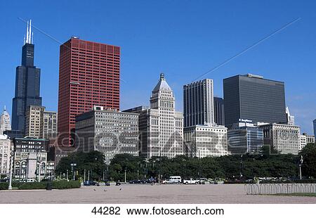 Stock Image - Skyscrapers in city, Sears Tower, Michigan Avenue, Chicago, Illinois, USA . Fotosearch