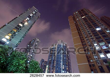 Skyscrapers lit up at night, Shanghai, China View Large Photo Image Stock Photo - Skyscrapers lit up at night, Shanghai, China . Fotosearch