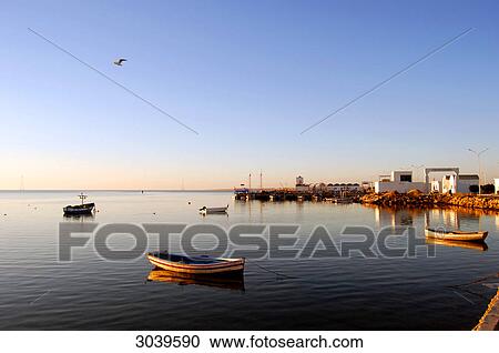 Stock Image - Small boats at the port at dawn, Ajim, Djerba, Tunisia . Fotosearch