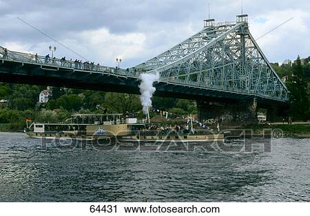 Steamboat under cantilever bridge, Loschwitz Bridge, Dresden, Saxony, Germany View Large Photo Image Stock Image - Steamboat under cantilever bridge, Loschwitz Bridge, Dresden, Saxony, Germany . Fotosearch