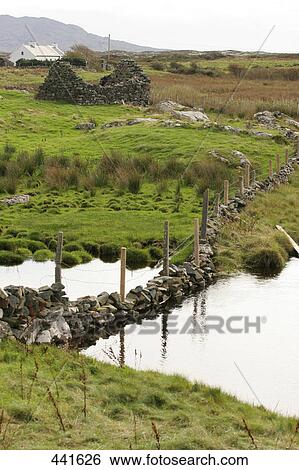 Stock Photograph - Stone fence on stream and rural landscape, Connemara, Republic of Ireland . Fotosearch