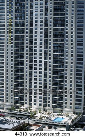 Stock Image - Swimming pool in front of skyscraper, Chicago, Illinois, USA . Fotosearch
