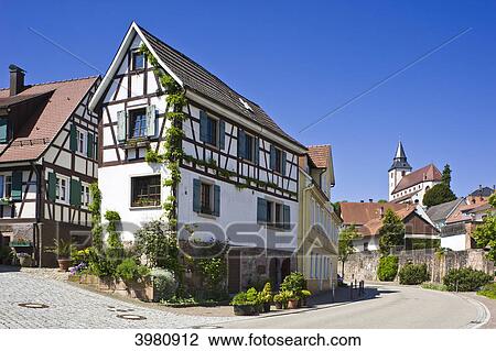 Stock Image - Timbered houses and Liebfrauenkirche, Gernsbach, Baden-Wuerttemberg, Germany, Europe . Fotosearch