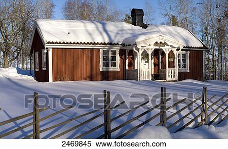 Stock Photography - Torp on snow covered landscape, Hoeghult, Sweden . Fotosearch