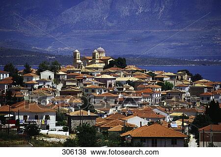 Stock Photo - Town at coast, Bay of Itea, Galaxidi, Greece . Fotosearch