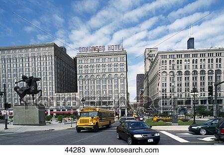 Traffic on road in city, Congress Plaza, Chicago, Illinois, USA View Large Photo Image Stock Image - Traffic on road in city, Congress Plaza, Chicago, Illinois, USA . Fotosearch