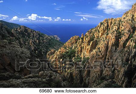 Stock Image - Trees on hills, Les Calanche, Golfe de Porto, Corsica, France . Fotosearch