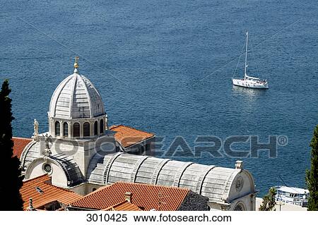 View to the Adriatic Sea and to the roofs of the Sveti Jakov Cathedral, Sibenik, Croatia View Large Photo Image Stock Photography - View to the Adriatic Sea and to the roofs of the Sveti Jakov Cathedral, Sibenik, Croatia . Fotosearch
