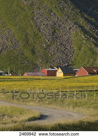 Stock Image - Village near mountain, Norway . Fotosearch