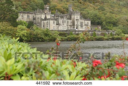 Stock Image - Abbey at lakeside, Kylemore Abbey, Lake Kylemore, Connemara, County Galway, Republic of Ireland . Fotosearch